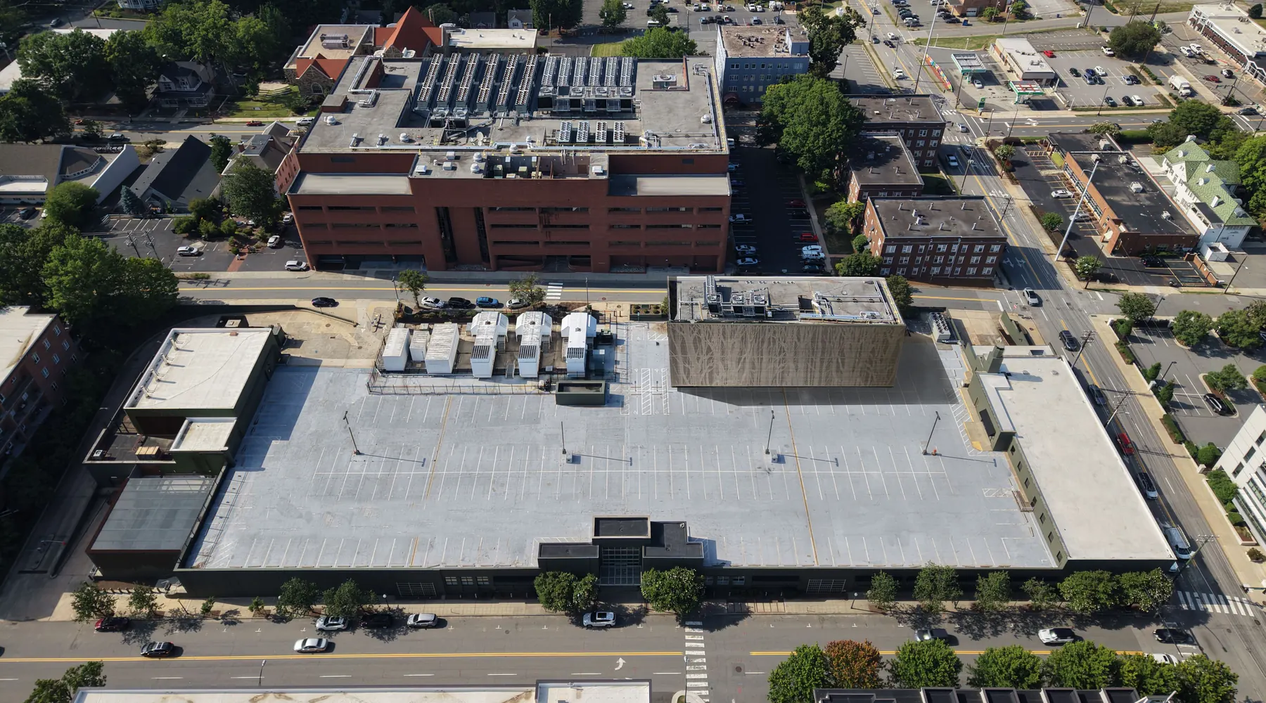 Aerial view of the West End Data Center and Annex in downtown Winston-Salem, with twelve lettered points of interest marked across both buildings